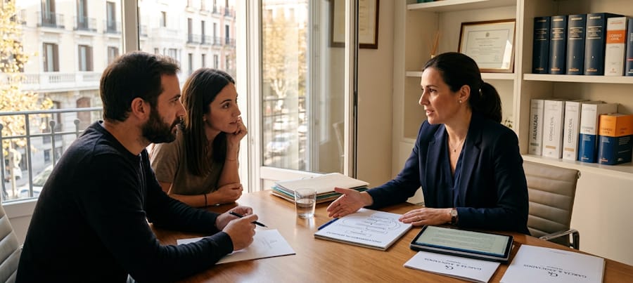 Abogada de familia en Madrid explicando las fases del procedimiento de divorcio a sus clientes