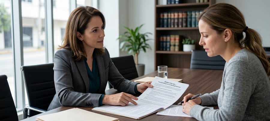 Abogada de familia explicando a cliente quién paga los gastos de la vivienda tras el divorcio