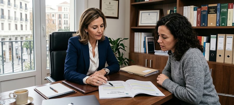 Abogada de familia revisando un informe psicosocial con su cliente en un despacho de Madrid