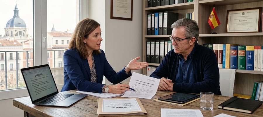 Abogada explicando a su cliente cómo presentar una demanda de usucapión contra una herencia yacente en Madrid