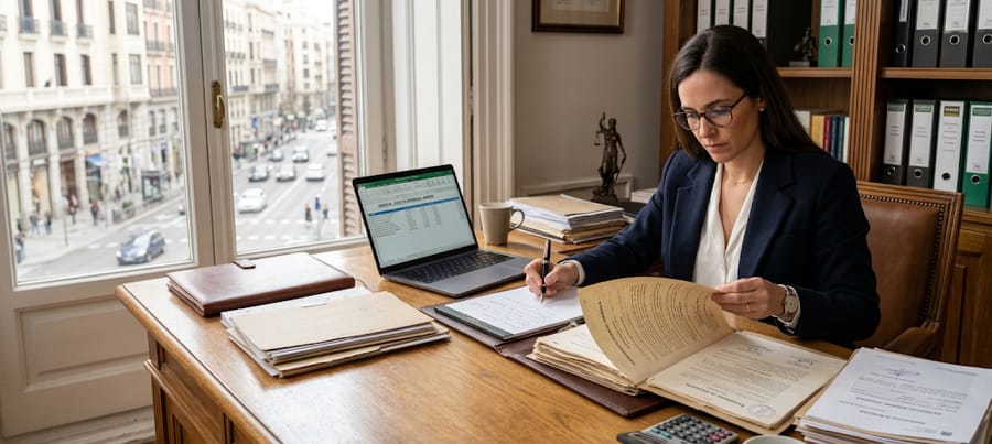 Abogada revisando documentos de herencia y cuentas bancarias en Madrid