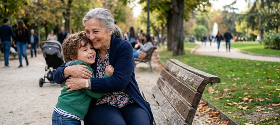 Abuela abrazando a su nieto en un parque, ilustrando el derecho de los abuelos a mantener relación con sus nietos
