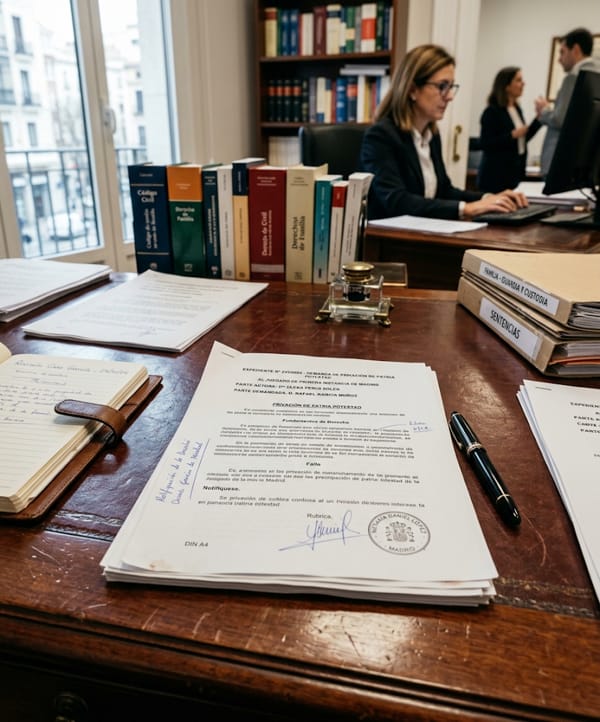 Documento legal sobre privación de patria potestad sobre una mesa de despacho de abogados