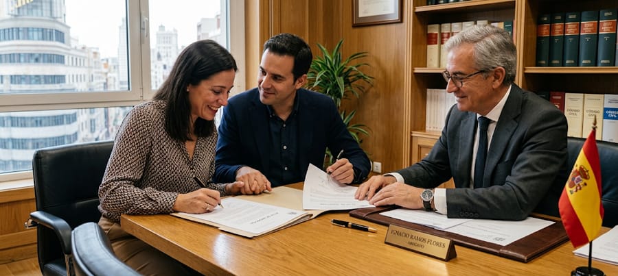 Dos personas adultas firmando documentos de adopción ante un abogado de familia en Madrid
