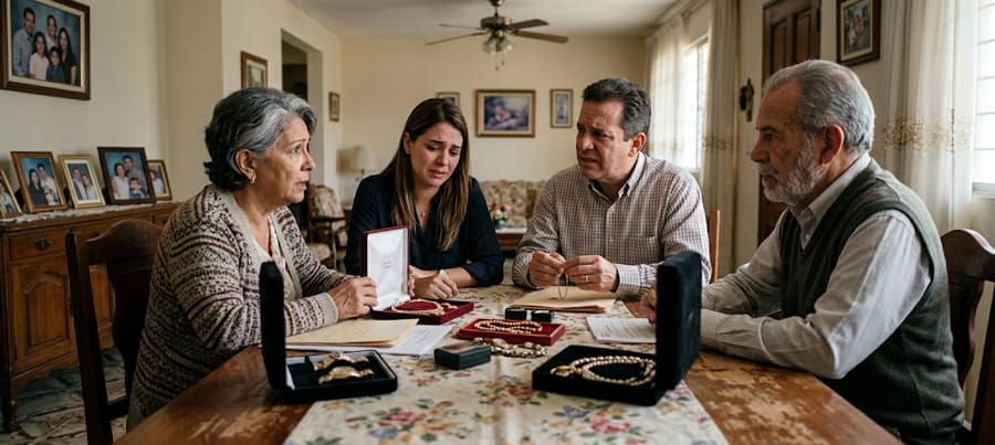 Familia discutiendo el reparto de joyas y bienes tras el fallecimiento de un familiar