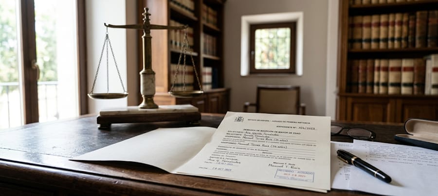 Formulario de demanda de adopción de mayor de edad sobre una mesa con balanza de justicia al fondo