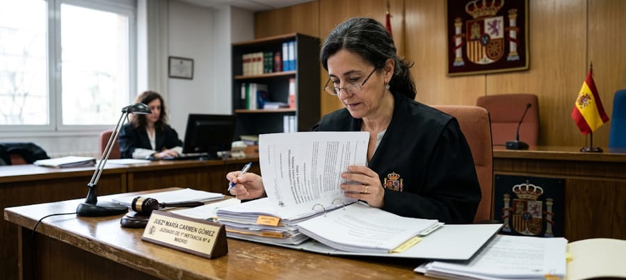 Jueza revisando un expediente de custodia compartida de un menor de corta edad en España