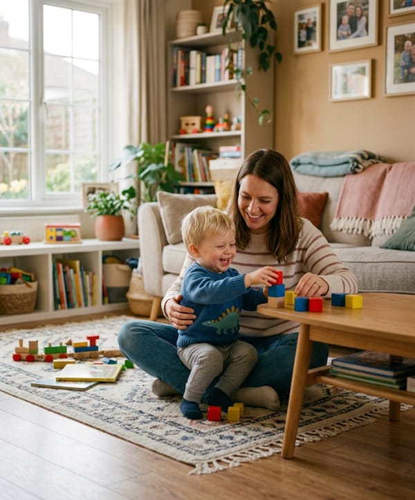 Madre e hijo de dos años jugando en casa, representando la estabilidad del menor en la custodia compartida