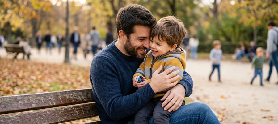 Padre con niño de dos años en brazos durante una visita tras la separación de los progenitores