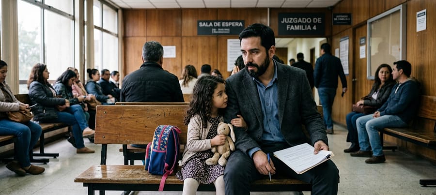 Padre e hija en sala de espera de juzgado, ilustrando un juicio de guarda y custodia
