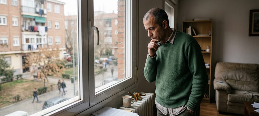 Padre mirando por la ventana mientras reflexiona sobre sus derechos y obligaciones como progenitor
