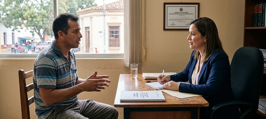 Psicóloga del equipo psicosocial del juzgado entrevistando a un progenitor durante un proceso de custodia