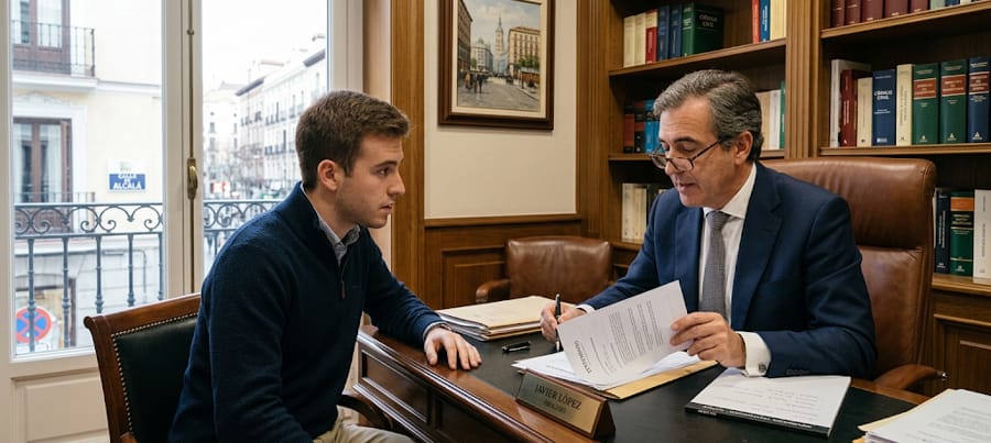 Sobrino consultando con un abogado sobre la impugnación de un testamento en Madrid