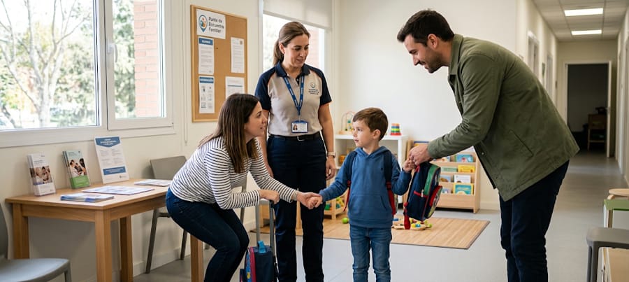 Técnico de un punto de encuentro familiar supervisando la entrega de un menor entre progenitores