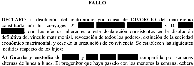 Fallo judicial que acuerda la custodia compartida por semanas alternas de los dos hijos menores