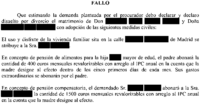 Fallo judicial de divorcio que atribuye el uso de la vivienda familiar y fija una pensión compensatoria de 1.500 euros mensuales