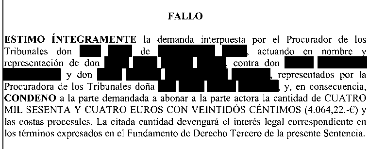 Fallo judicial que estima íntegramente la demanda por vicios ocultos y condena al pago de 4.064,22 euros más intereses y costas
